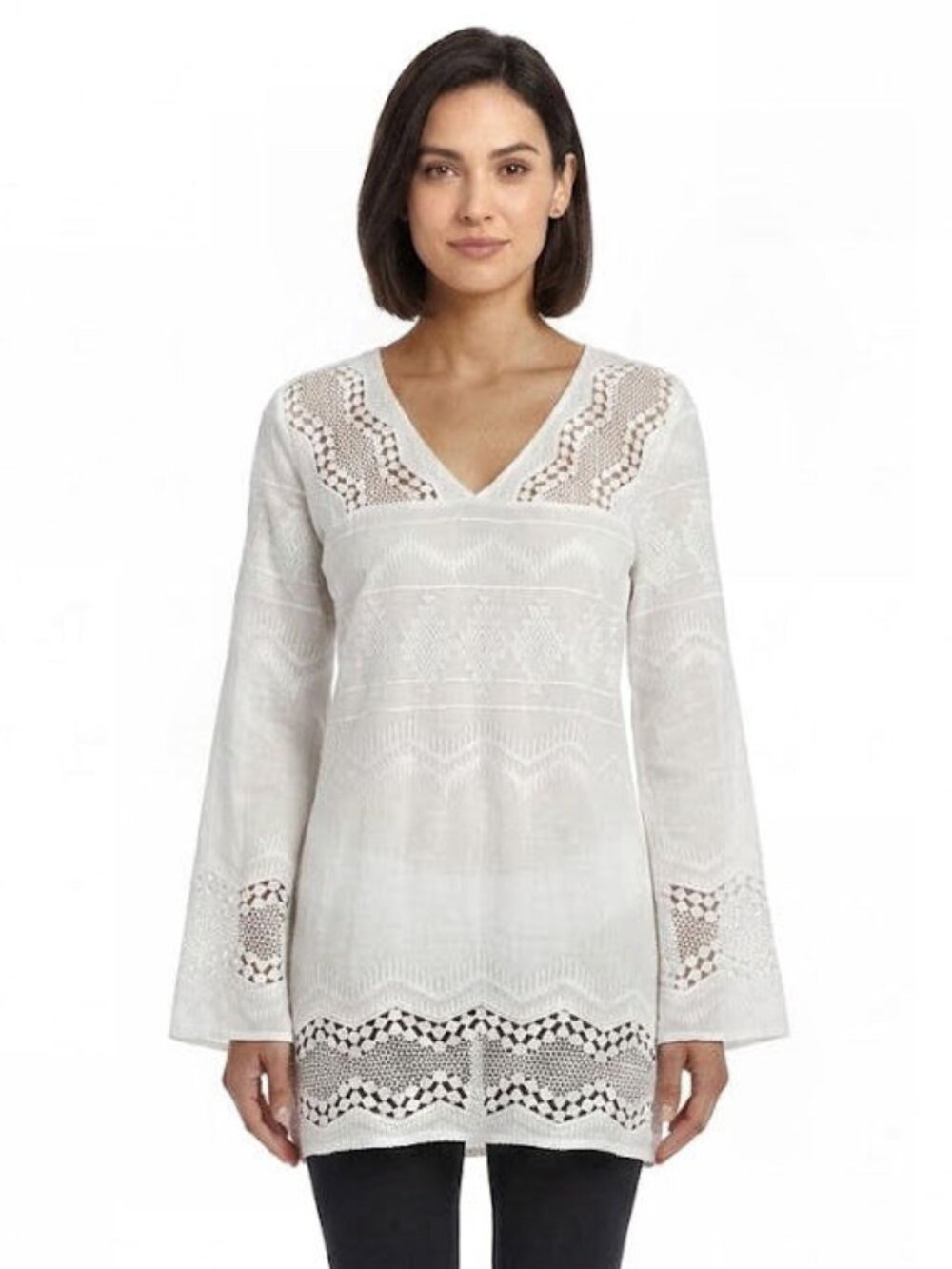 La Blanca White Embroidered Crochet Tunic Top Beach Cover-Up, Size US 4 / EU 36